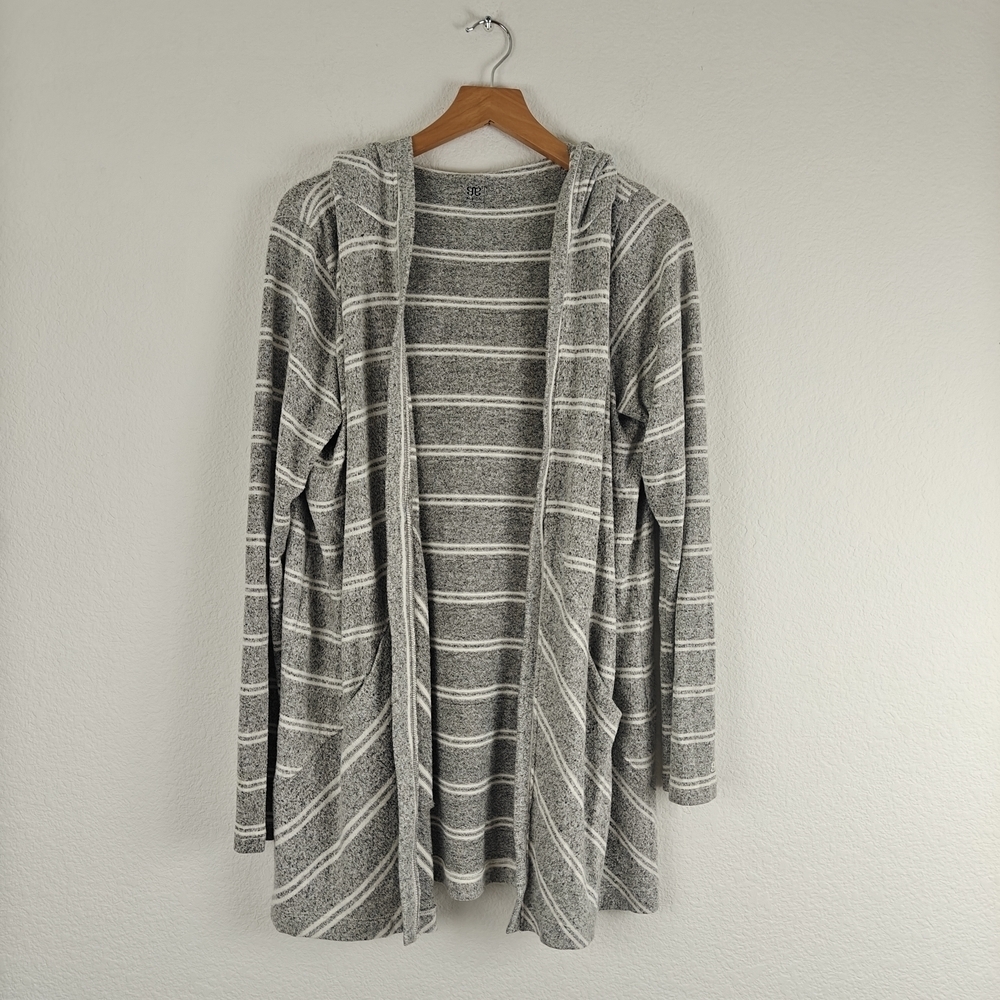 Albion Light Weight Open Front Striped Hooded Cartigan Size Small Women's